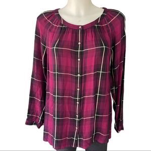 J Jill Tunic Blouse Top Size Small Petite Burgundy Plaid Button Down Long Sleeve